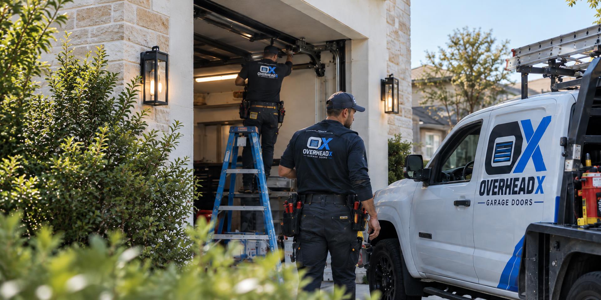 Overhead X technicians servicing a garage door beside their branded truck